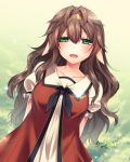  :d black_neckwear blush brown_hair commentary_request dated dress ears_down forest_of_pixiv green_eyes hair_between_eyes hair_intakes hairband head_tilt konshin long_hair looking_at_viewer neckerchief open_mouth puffy_short_sleeves puffy_sleeves red_dress short_sleeves signature smile solo 