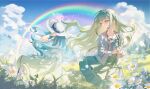  2girls absurdres bang_dream! bang_dream!_it's_mygo!!!!! blue_bow blue_hair bow brown_eyes cloud collared_shirt commentary_request day dress falling_petals flower green_dress green_hair hair_ornament hairclip hat hat_bow highres long_hair maoerduo_meow multiple_girls open_mouth outdoors petals rainbow shirt short_sleeves togawa_sakiko wakaba_mutsumi white_flower white_hat 