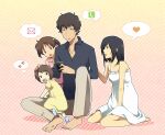  1boy 3girls barefoot black_hair black_shirt brown_hair cellphone diagonal-striped_background dress gradient_background heart holding holding_phone jinnouchi_kana jinnouchi_mao jinnouchi_wabisuke looking_at_phone mail mitsuru_(mitsu5) multiple_girls pacifier pants paw_print phone shinohara_natsuki shirt short_twintails sitting socks striped_background summer_wars twintails uncle_and_niece white_dress yellow_dress 