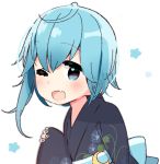  :d blue_eyes blue_hair blush commentary crescent crescent_moon_pin ears_visible_through_hair eyebrows_visible_through_hair fang floral_print japanese_clothes kantai_collection kimono looking_at_viewer minazuki_(kantai_collection) one_eye_closed open_mouth short_hair_with_long_locks smile solo upper_body white_background yoru_nai yukata 