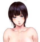  bangs bare_shoulders black_eyes black_hair collarbone commentary lips long_hair looking_at_viewer nose number original parted_lips portrait shu-mai simple_background solo white_background 