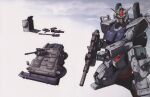  1990s_(style) absurdres after_battle armored_vehicle bloodhound_(gundam) box chest_cannon container dirty earth_federation gatling_gun green_eyes ground_gundam gun gundam gundam_08th_ms_team highres holding holding_gun holding_weapon katoki_hajime key_visual kneeling machine_gun machinery magazine_(weapon) mecha mecha_focus mobile_suit official_art open_hatch production_art promotional_art realistic retro_artstyle robot science_fiction tank_turret traditional_media v-fin weapon 