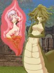  2girls :p ass breasts camel_(dansen) female lamia monster_girl multiple_girls no_nipples one_eye_closed original pointy_ears smile tentacle_hair tongue tongue_out torn_clothes vore wet 