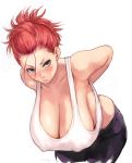  arms_behind_back bare_arms bare_shoulders bent_over blush breasts cleavage closed_mouth collarbone covered_nipples crop_top curvy downblouse grey_eyes grey_pants hair_up hanging_breasts hips huge_breasts large_breasts leaning_forward looking_at_viewer no_bra number original pants ponytail red_hair short_hair short_ponytail shu-mai sideboob simple_background solo standing tank_top tsurime v-shaped_eyebrows white_background white_tank_top yankee 