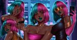  1girl absurdres aqua_hair aqua_lips bare_shoulders black_bodysuit bodysuit breasts brown_eyes cellphone dark-skinned_female dark_skin dispatch elbow_gloves gloves gold_necklace highres holding holding_phone jewelry large_breasts lipstick lollipop_in_mouth looking_at_viewer makeup multicolored_hair multiple_views necklace open_mouth phone pink_gloves pink_hair prism_(dispatch) short_hair sleeveless sleeveless_bodysuit smartphone smile split-color_hair tongue tongue_out two-tone_hair v very_dark_skin yessarts 