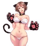  :d animal_ears bare_arms bare_shoulders bell bikini black_choker breasts brown_hair cameltoe cat_ears choker cleavage collarbone commentary covered_nipples cowboy_shot fake_animal_ears fake_tail gloves hands_up head_tilt jingle_bell large_breasts looking_at_viewer number open_mouth original paw_gloves paws purple_eyes shiny shiny_hair shiny_skin short_hair shu-mai simple_background smile solo standing stomach strapless strapless_bikini swimsuit tail thigh_gap upper_teeth white_background white_bikini 