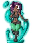  2018 animal_humanoid boots cephalopod cephalopod_humanoid clothed clothing colored_nails dark_skin digital_media_(artwork) female fingerless_gloves footwear gloves hi_res humanoid looking_at_viewer marina_(splatoon) marine nintendo octoling simple_background smile solo splatoon suirano tentacle_hair tentacles video_games 