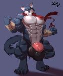  abs anthro bandage barely_contained bergamo biceps blue_fur bulge canine clothing dragon_ball flexing fur humanoid_penis hyper hyper_bulge hyper_penis looking_at_viewer male mammal muscular muscular_male pecs penis reclamon scarf smile solo underwear vein veiny_penis 