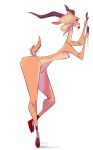  2016 3_fingers antelope anthro bent_over blonde_hair breasts brown_fur butt clothing digital_media_(artwork) disney female footwear fur gazelle gazelle_(zootopia) hair half-closed_eyes high_heels horn mammal mostly_nude nipples one_eye_covered open_mouth shoes short_hair simple_background slb solo standing white_background zootopia 