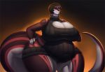  2018 5_fingers anthro belly big_belly big_breasts big_butt blep breasts butt cleavage clothed clothing digital_media_(artwork) female gretchen_(kazeattor) hair hand_on_hip huge_breasts huge_butt huge_hips looking_at_viewer overweight overweight_female reptile sal-sal scalie simple_background slightly_chubby snake solo standing sweater thick_thighs tongue tongue_out virgin_killer_sweater voluptuous wide_hips 