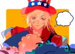  1boy alternate_costume american_flag_hat bad_id bad_twitter_id closed_mouth cotton_candy fate/grand_order fate_(series) hat karna_(fate) male_focus orange_background simple_background solo spoken_ellipsis stuffed_toy top_hat towa_(10_wa) white_hair white_skin 
