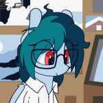  2018 animated blue_feathers bust_portrait clothed clothing cute delta_vee equine eyebrows eyelashes eyes_closed eyewear fan_character feathered_wings feathers female feral floppy_ears glasses grin hair inside mammal messy_hair my_little_pony pegasus portrait red_eyes shinodage shirt smile solo teal_hair teeth wings young 