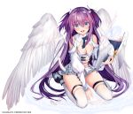  blue_eyes blush book breasts cleavage eyebrows_visible_through_hair feathered_wings kneeling long_hair looking_at_viewer medium_breasts obiwan open_book open_mouth original purple_hair solo thighhighs very_long_hair white_background wings 