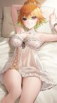  1girl absurdres ass_visible_through_thighs babydoll breasts chemise commentary english_commentary frilled_babydoll green_hair green_highlights hair_bun highres hololive hololive_english holomyth lace-trimmed_nightgown large_breasts looking_at_viewer lying multicolored_hair official_alternate_costume official_alternate_hairstyle on_back on_bed orange_hair paid_reward_available panties pillow purple_eyes see-through_babydoll see-through_clothes smile solo somebody_(leiking00) takanashi_kiara takanashi_kiara_(cozy) two-tone_hair underwear virtual_youtuber white_babydoll white_chemise white_panties 