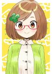  1girl absurdres blush bob_cut border brown_eyes brown_hair buttons cardigan clover clover_hair_ornament collared_shirt detesu envelope four-leaf_clover four-leaf_clover_hair_ornament glasses green_cardigan hair_ornament highres letter looking_at_viewer nikki_(swapnote) nintendo red-framed_eyewear redrawn semi-rimless_eyewear shirt short_hair smile solo swapnote swept_bangs white_border white_shirt 