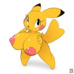  2018 :3 big_breasts big_ears big_tail black_eyes blush_sticker breasts cleft_tail dipstick_ears female front_view fur high-angle_view long_tail looking_at_viewer looking_up mammal nintendo nipples nude pikachu pink_nipples pok&eacute;mon pok&eacute;mon_(species) rodent simple_background smile solo toes video_games white_background xylas yellow_fur 