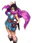  bangs belt belt_buckle between_breasts black_hair blue_dress boots breasts brown_belt brown_eyes brown_footwear brown_shirt brown_shorts buckle cape circlet commentary_request covered_nipples cropped_legs dragon_quest dragon_quest_iii dress fur-trimmed_boots fur_trim hair_between_eyes holding holding_sword holding_weapon knee_boots large_breasts looking_at_viewer looking_to_the_side number parted_lips purple_cape roto scabbard serious sheath sheathed shirt short_dress short_hair short_sleeves shorts shu-mai simple_background sleeveless sleeveless_dress solo standing sword v-shaped_eyebrows weapon white_background 