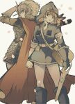  2girls arm_up armor asymmetrical_sleeves aviator_cap bag belt black_boots blonde_hair boots breasts cape cleavage closed_mouth commentary commission creature creature_on_shoulder dress earrings english_commentary falling_petals feet_out_of_frame gloves headphones holding holding_sword holding_weapon jewelry kaze_no_tani_no_nausicaa knee_boots kushana looking_at_another mechanical_arms medium_breasts multiple_girls nausicaa on_shoulder parted_lips petals pikurusu profile red_cape scabbard scale_armor sheath sheathed short_dress short_hair shoulder_bag sideways_glance single_glove single_mechanical_arm skeb_commission standing sword teto_(nausicaa) uneven_sleeves weapon white_belt 