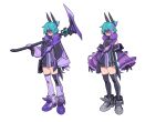  absurdres bag black_dress black_hair black_thighhighs boots breakam_zeztzer clenched_teeth commentary detached_sleeves dress full_body genderswap genderswap_(mtf) gloves goz-zz green_hair grey_boots highres holding holding_scythe holding_weapon kamen_rider kamen_rider_zeztz kamen_rider_zeztz_(series) kamen_rider_zeztz_paradigm_gravity kamen_rider_zeztz_paradigm_wonder long_hair long_sleeves multicolored_hair neck_pillow purple_boots purple_gloves purple_hair rider-tan rider_belt satchel scythe short_dress simple_background sleep_mask sleeveless sleeveless_dress smile standing teeth thighhighs very_long_hair weapon white_background zeztz_driver 