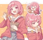  1girl :d blunt_bangs bob_cut brown_shoes cardigan closed_eyes food food_in_mouth grey_skirt hashtag-only_commentary highres holding holding_food layered_clothes long_sleeves mau_(mauchannnn) miyamasuzaka_girls'_academy_school_uniform multiple_views notice_lines ootori_emu open_cardigan open_clothes open_mouth pink_cardigan pink_eyes pink_hair project_sekai sailor_collar school_uniform shoes short_hair skirt smile star_(symbol) taiyaki wagashi 