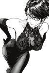  1girl absurdres bare_shoulders bayonetta bayonetta_(series) bayonetta_2 breasts dress earrings elbow_gloves english_commentary glasses gloves greyscale highres jewelry large_breasts looking_at_viewer mole mole_under_mouth monochrome mostlybluewyatt parted_lips rectangular_eyewear short_hair smile solo 