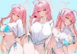  1girl absurdres bikini blue_archive blue_background blue_bikini bow breasts collarbone commentary cowboy_shot green_eyes groin hair_bow hanako_(blue_archive) hanako_(swimsuit)_(blue_archive) highres huge_breasts long_hair looking_at_viewer multiple_views pink_hair pumiss shiny_skin shirt swimsuit symbol-only_commentary t-shirt thighs white_bow white_shirt 