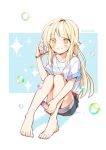  bang_dream! bangs barefoot blonde_hair bottle bubble bubble_pipe commentary_request dolttagpul_(glue_dream) eyebrows_visible_through_hair holding holding_bottle jewelry knees_up long_hair looking_at_viewer pendant pinky_out short_sleeves shorts sitting smile solo sparkle tsurumaki_kokoro twitter_username yellow_eyes 