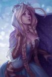 braid breasts circlet cleavage cloak commentary english_commentary guinevere hair_tubes highres hood jessica_oyhenart large_breasts lips long_hair looking_at_viewer mythology nose revision snow solo torc twin_braids very_long_hair 