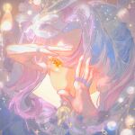  1girl blue_hair hands_up highres long_hair looking_at_viewer mask mask_on_head mian_tu_qiu parted_lips pink_hair portrait roccia_(wuthering_waves) solo wuthering_waves yellow_eyes 