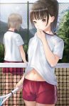  :o absurdres bangs blue_sky blurry blurry_background blush brown_eyes brown_hair chain-link_fence clothes_sniffing commentary_request day depth_of_field eyebrows_visible_through_hair facing_away fence gym_shirt gym_shorts gym_uniform highres holding long_hair midriff_peek multiple_girls navel original outdoors parted_lips ponytail racket red_shorts shii_(kairi-t-k0317) shirt short_hair short_shorts short_sleeves shorts sky smelling sweat tennis_court tennis_net tennis_racket white_shirt 