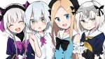  :d :o ^_^ abigail_williams_(fate/grand_order) anzu_(anko) bangs bare_arms bare_shoulders bell black_bow black_dress black_hat blonde_hair blue_dress blue_eyes blush bow braid center_frills closed_eyes closed_mouth collarbone collared_shirt commentary_request dress eyebrows_visible_through_hair facial_scar facing_viewer fate/extra fate/grand_order fate_(series) forehead frills gloves green_eyes hair_between_eyes hair_bow hand_up hat head_tilt headpiece heart highres jack_the_ripper_(fate/apocrypha) jeanne_d'arc_(fate)_(all) jeanne_d'arc_alter_santa_lily long_hair looking_at_viewer low_twintails multiple_girls neckerchief nursery_rhyme_(fate/extra) open_mouth parted_bangs parted_lips puffy_short_sleeves puffy_sleeves purple_dress scar scar_across_eye scar_on_cheek shirt short_hair short_sleeves silver_hair sleeveless sleeveless_dress sleeveless_shirt smile twin_braids twintails very_long_hair white_gloves white_shirt yellow_eyes yellow_neckwear 
