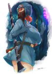  1girl absurdres alpha-type artist_name aviator_cap belt belt_bag black_belt blue_dress blue_gloves blue_hat border breasts brown_eyes cartridge commentary_request cowboy_shot dress fading_border gloves gun gun_sling hand_rest hat highres holding_strap kaze_no_tani_no_nausicaa long_sleeves looking_to_the_side medium_breasts nausicaa rebreather red_hair rifle scabbard sheath short_dress short_hair solo standing sword tree turning_head twisted_torso weapon 