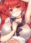  armpits azur_lane bangs black_choker black_neckwear black_sailor_collar blush bow bowtie breasts choker dakimakura grey_shirt hair_ribbon hand_up honolulu_(azur_lane) huge_breasts long_hair looking_at_viewer lying on_back orange_eyes parted_lips red_hair ribbon sailor_collar school_uniform serafuku shirt short_sleeves solo suzune_rena twintails upper_body very_long_hair 