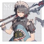  1girl absurdres bangboo_(zenless_zone_zero) black_hair black_nails border breasts checkered_background colored_inner_hair commentary_request dotted_line ellen_joe fins fish_tail frilled_wristband grey_background hairband highres holding holding_weapon isana615 large_breasts looking_at_viewer maid_headdress metal_hairband mole mole_under_eye multicolored_hair open_mouth over_shoulder razor_blade_hair_ornament red_eyes saw scar scar_on_tail shark_girl shark_tail sharkboo_(zenless_zone_zero) short_hair solo spiked_headband tail twitter_username upper_body weapon weapon_over_shoulder white_border zenless_zone_zero 