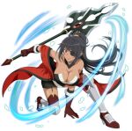  1girl anime_coloring arm_support armored_boots bare_shoulders black_hair boots breasts cleavage closed_mouth danmachi_memoria_freese dark-skinned_female dark_skin dungeon_ni_deai_wo_motomeru_no_wa_machigatteiru_darou_ka earrings eyepatch full_body fur-trimmed_gloves fur_trim game_cg garter_straps gloves hand_up high_ponytail holding holding_polearm holding_weapon japanese_clothes jewelry large_breasts long_hair looking_at_viewer official_alternate_costume official_alternate_hairstyle official_art on_one_knee polearm ponytail red_eyes red_gloves sidelocks smile solo thigh_boots third-party_source tsubaki_collbrande weapon 