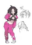  1boy 1girl ^_^ ahoge baggy_pants black_hair bob_cut bon-bon_(bonnibelboo) bonnibelboo bra_strap breasts cleavage cleavage_cutout closed_eyes clothing_cutout criss-cross_halter crop_top cropped_jacket curvy doodle_inset eyeliner eyeshadow fingernails full_body guzma_(pokemon) halterneck hand_up highres huge_breasts jacket jewelry lipstick long_eyelashes long_fingernails long_hair long_sleeves makeup necklace official_style open_clothes open_jacket original pants panty_straps pink_eyeliner pink_jacket pink_lips pink_pants pokemon pokemon_sm shoes sideboob skull_necklace sleeves_past_wrists smile solo spanish_text speech_bubble sugimori_ken_(style) team_skull tongue tongue_out translation_request v white_shoes 