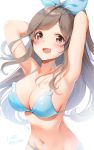  armpits arms_behind_head arms_up bangs bare_shoulders bikini blue_bikini blue_bow blush bow breasts brown_eyes brown_hair cleavage collarbone hair_bow highres idolmaster idolmaster_shiny_colors large_breasts long_hair looking_at_viewer navel open_mouth shiratama_akane simple_background smile solo swept_bangs swimsuit tsukioka_kogane twitter_username white_background 