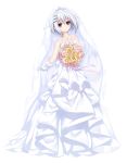  absurdres artist_name bare_shoulders blue_eyes blush bouquet breasts bridal_veil collarbone date_a_live diadem dress flower full_body gloves hair_between_eyes hair_ornament hairclip highres holding holding_bouquet looking_at_viewer neps-l short_hair silver_hair simple_background small_breasts smile solo tobiichi_origami veil wedding_dress white_background white_dress white_gloves 