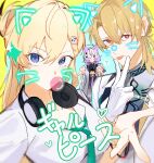  1boy 2girls :p blonde_hair blowing_bubble_gum blue_eyes breasts chewing_gum commentary_request double_v drawn_ears drawn_whiskers gloves grey_hair hair_between_eyes hair_ornament hair_over_one_eye hand_up headphones headphones_around_neck highres long_hair looking_at_viewer luuk_herssen_(wuthering_waves) lynae_(wuthering_waves) medium_breasts mornye_(wuthering_waves) multiple_girls red_eyes sadomne_sabu shirt skull_hair_ornament sweatdrop tongue tongue_out v white_gloves white_shirt wuthering_waves 
