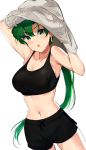  bare_arms bare_shoulders blush breasts cleavage collarbone crop_top fire_emblem fire_emblem:_rekka_no_ken fire_emblem_heroes green_eyes green_hair high_ponytail highres long_hair looking_at_viewer lyndis_(fire_emblem) midriff navel ormille ponytail sleeveless solo sweat tank_top 