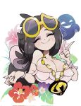  1girl ^_^ bare_shoulders black_hair bon-bon_(bonnibelboo) bonnibelboo borrowed_accessory bracelet breasts cleavage closed_eyes evil_smile eyeshadow eyewear_on_head facing_viewer fingernails flower ghost gold_necklace hands_up hibiscus highres huge_breasts jewelry lipstick long_eyelashes long_fingernails low_ponytail makeup nail_polish necklace official_style original pearl_bracelet pink_lips pink_nails pokemon pokemon_(creature) pokemon_tower_ghost ponytail red_flower sharp_fingernails skull_necklace smile strapless sugimori_ken_(style) sunglasses team_skull upper_body v watch wristwatch yellow-framed_eyewear 