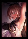  :d arm_up armpits blush brown_hair cape clarisse_(granblue_fantasy) commentary_request gloves granblue_fantasy green_eyes hair_ribbon highres open_mouth ponytail ribbon sleeveless smile solo ulrich_(tagaragakuin) w 