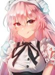  bangs black_ribbon breasts closed_mouth commentary crumbs eyebrows_visible_through_hair food food_on_face frilled_sleeves frills girls_frontline highres long_hair looking_at_viewer maid_cap maid_dress maid_headdress meow_nyang ntw-20_(girls_frontline) pink_eyes pink_hair ribbon solo tongue tongue_out very_long_hair 