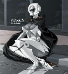 1_eye 2022 armor artist_name big_breasts black_body black_clothing breasts cape cleavage cloak clothed clothing crossed_legs dated detailed_background digital_media_(artwork) feet female full-length_portrait glistening grey_body half-closed_eyes hi_res humanoid looking_at_viewer machine metal metallic_body mouthless multicolored_body narrowed_eyes one_eye_half-closed portrait robot robot_humanoid sigma-d signature sitting sitting_on_ground solo text thick_thighs three-quarter_view white_body