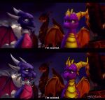  2019 2_horns 6_horns activision countershading cynder dated dialogue digital_media_(artwork) digitigrade dragon duo english_text european_mythology facial_markings female female_feral feral forehead_markings frill_(anatomy) green_eyes group head_crest head_frill head_markings hi_res horn inside krysiilys long_neck long_snout magenta_body magenta_countershading magenta_wings male male_feral markings membrane_(anatomy) membranous_wings multi_horn multicolored_body mythological_creature mythological_scalie mythology neck_ring neck_spikes orange_wings pronounced_browridge purple_body purple_eyes quadruped scales scalie screencap_edit signature snout spyro spyro_the_dragon talking_feral text the_legend_of_spyro third-party_edit two_tone_body ventral_scales western_dragon wing_blade wings yellow_body yellow_countershading 