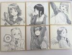  6+girls angel angel_wings bread commentary_request feathered_wings food glasses haibane_renmei halo highres hikari_(haibane_renmei) hotateyuki kana_(haibane_renmei) kuu_(haibane_renmei) long_hair looking_at_viewer monochrome multiple_girls nemu_(haibane_renmei) photo_(medium) ponytail rakka_(haibane_renmei) reki_(haibane_renmei) shikishi short_hair smile smoking traditional_media upper_body wings 