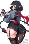  1girl absurdres animal_ears artist_name ass auraaa black_gloves black_hair black_shorts blue_eyes commentary cowboy_shot english_commentary fingerless_gloves from_behind fur-trimmed_jacket fur_trim garter_straps gloves grey_jacket grin high-waist_shorts highres holding holding_knife jacket jane_doe_(zenless_zone_zero) knife long_hair long_tail looking_at_viewer looking_back mouse_ears mouse_girl mouse_tail multicolored_hair notched_ear pantyhose parted_lips red_hair red_nails sharp_tail shorts simple_background single_garter_strap single_leg_pantyhose single_thighhigh smile solo sweat tail thighhighs torn_clothes torn_pantyhose torn_thighhighs white_background zenless_zone_zero 
