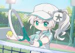  1girl ahoge alternate_costume ball baseball_bat baseball_cap chain-link_fence closed_mouth collared_shirt commentary_request day fence green_eyes green_hair hair_between_eyes hair_ornament hat highres holding holding_ball long_hair looking_at_viewer outdoors polo_shirt quanmian_shidai racket shirt short_sleeves side_ponytail sky smile solo sportswear tennis_ball tennis_racket tennis_uniform upper_body virtual_youtuber wen_xiaomian wenxiaomian_family white_hair white_shirt 