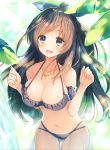  :d bangs bare_shoulders bikini bikini_skirt black_bikini blush bow breasts brown_eyes brown_hair cleavage commentary_request day eyebrows_visible_through_hair frilled_bikini frills hair_bow heart heart_necklace idolmaster idolmaster_shiny_colors jewelry large_breasts long_hair looking_at_viewer miyanome multi-strapped_bikini navel necklace open_mouth outdoors ponytail see-through smile solo swimsuit tsukioka_kogane water 