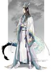  1boy black_hair blue_gemstone blue_sash boots chinese_clothes closed_mouth commentary_request dragon_boy dragon_horns dragon_tail eastern_dragon_horns eastern_dragon_tail full_body gem grey_background hanfu headband highres horns jewelry kemonomimi_mode lan_wangji long_hair long_sleeves looking_to_the_side male_focus modao_zushi pants pointy_ears robe sash scales sidelocks solo standing tail tassel topknot twitter_username watermark white_boots white_hanfu white_headband white_pants white_sash wide_sleeves xiao_guan_(headdress) yaopei yellow_eyes ykmr_(haga) 